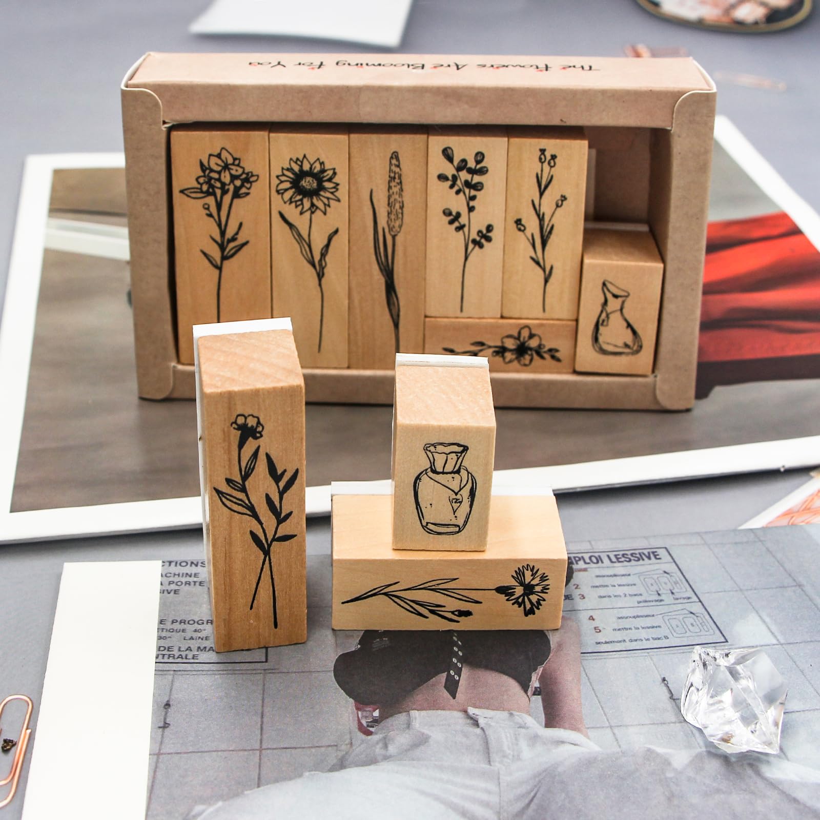 Wooden Rubber Stamp Set, 8Pcs Plant & Flower Decorative Wood Mounted Rubber Stamps Set, Multipurpose Vintage Rubber Seal for DIY Craft, Planners,Journals,Letters Diary and Scrapbooking (Type B)