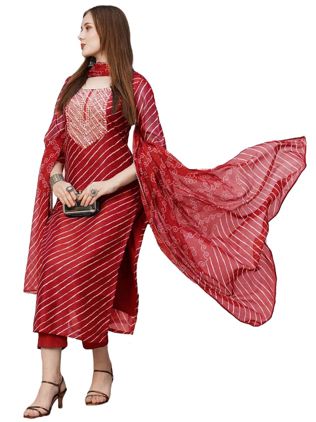 Women's Cotton Blend Straight Printed Kurta with Pant & Dupatta