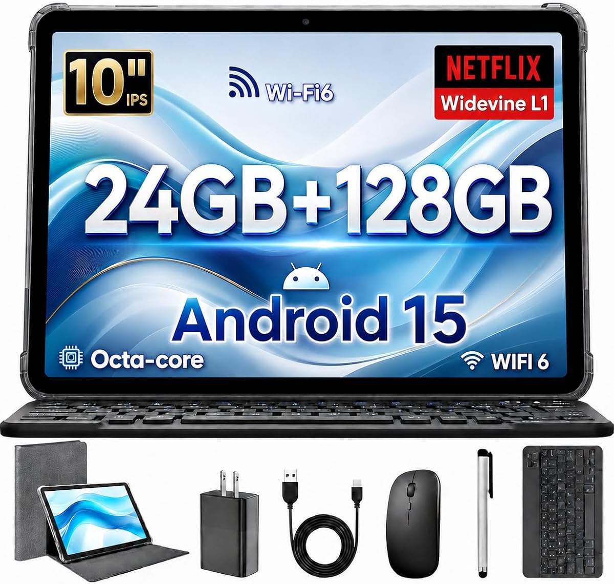 Tablet Android 15 with Keyboard Mouse, 24GB RAM+128GB ROM, 10 inch 6000mAh