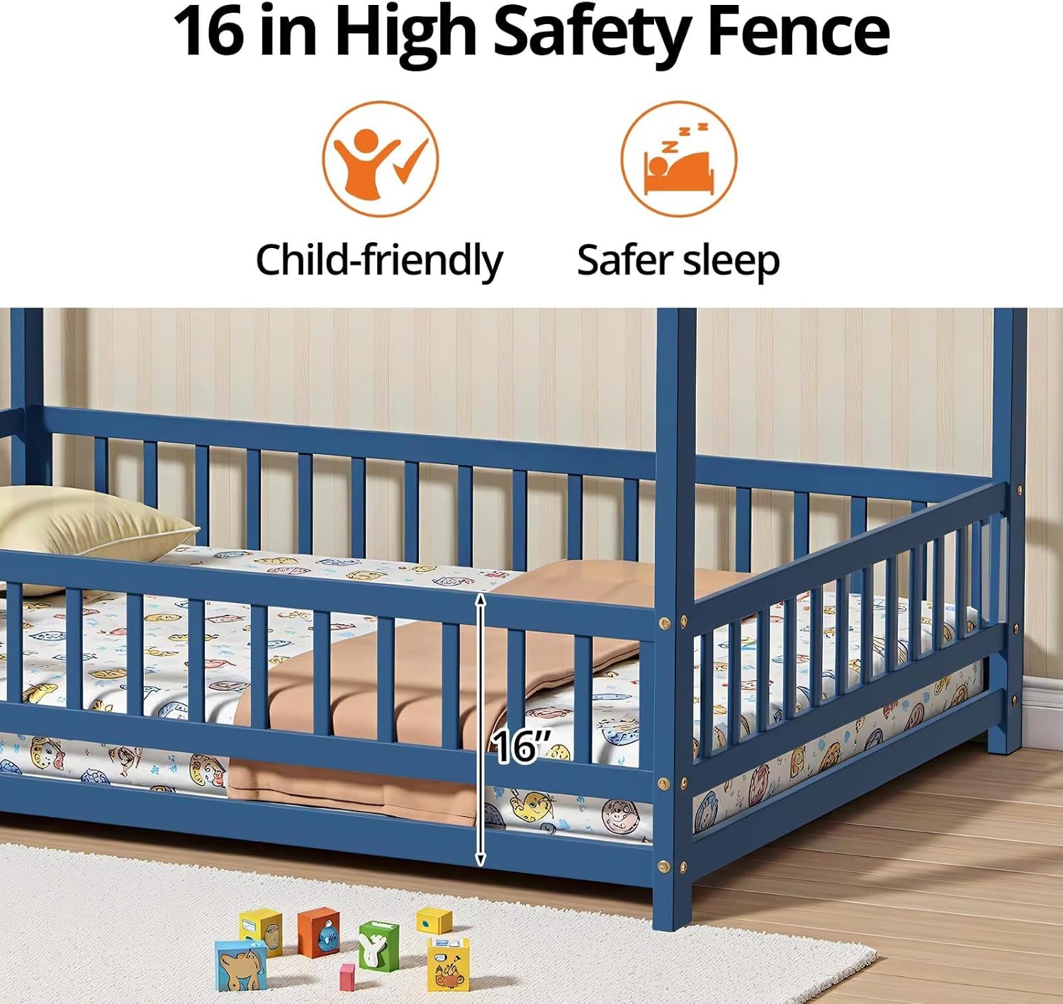Close-up of the 16-inch high safety fence of the blue floor bed, showing a mattress inside.