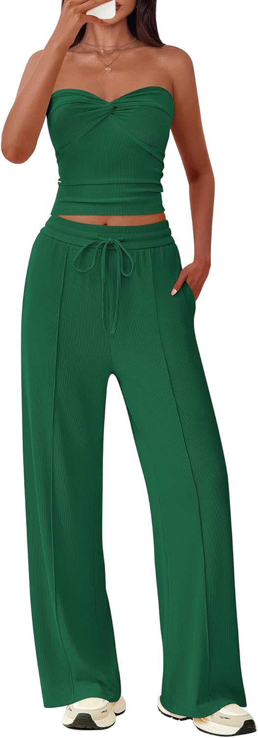 BTFBM Two Piece Sets For Women Summer Ribbed Strapless Twist Knot Tube Top Pants Set Casual 2026 Beach Vacation Outfits - Image 3