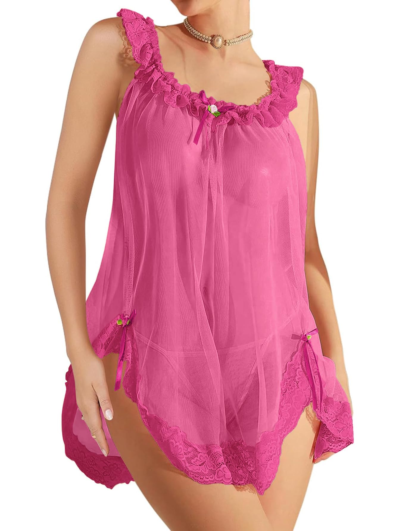 Sexy Outfit Nuisette Sexy en Dentelle à Volants fendus sur Le côté avec nœuds et Maille Transparente, Ensemble de Lingerie avec String, 2 pièces