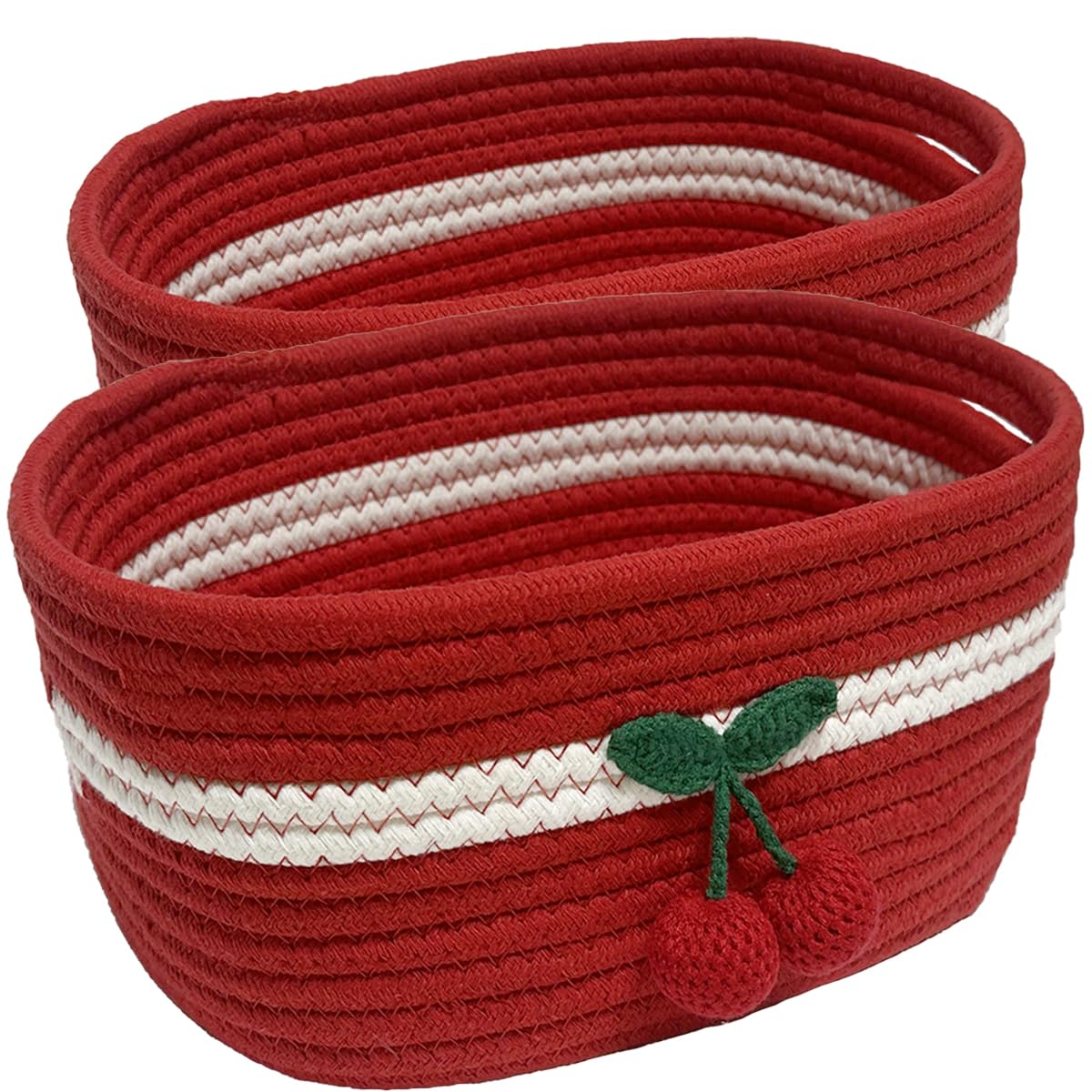 Photo 1 of ***MISSING ONE*SHIANCE&LI Small Woven Basket Cute Cotton Rope with Handles Gift Oval for Storage Baby Dog Toy Room Basket 12"x 8" x 5" Decorative Basket(Cherry,Set)