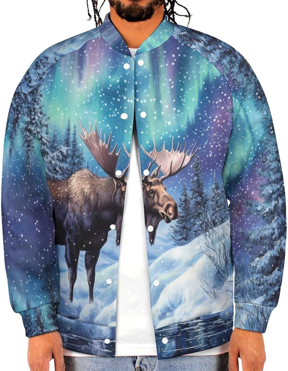 Alaskan Moose with Aurora Borealis Novelty Men's Baseball Jackets Causal Sweatshirt Button Top Long Sleeve Coat