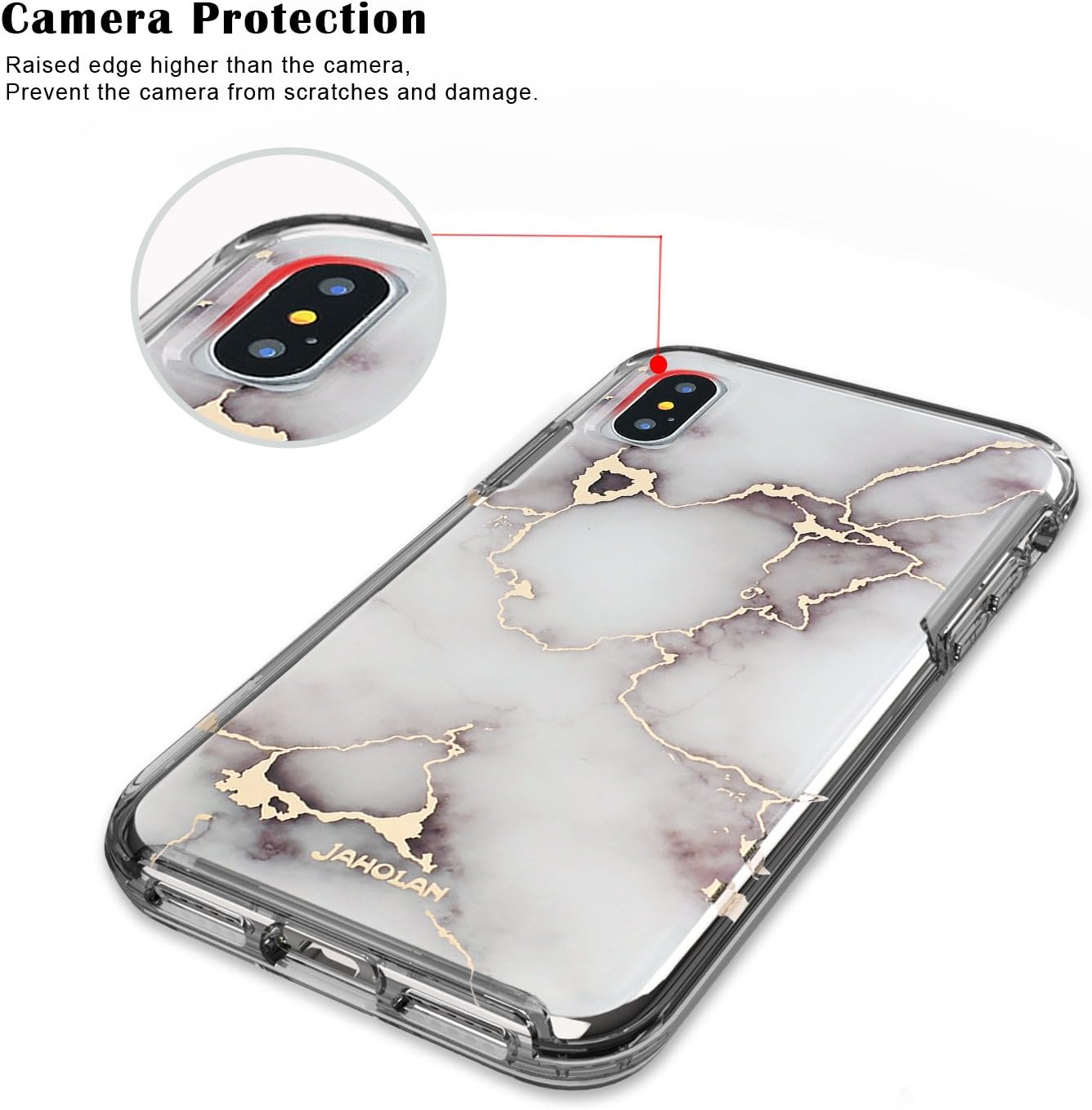JAHOLAN Compatible iPhone X iPhone Xs Case 3D Design Shiny Gold Vein White Marble Reinforced Clear Bumper Cushion Scratch Resistant Shockproof Hard Back Panel Cover Phone Case