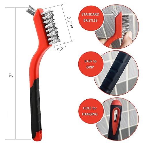 Miniatura 5 de Cepillo de alambre, 9 piezas, cerdas de nailon/latón/acero inoxidable con mango curvado para limpiar la eliminación de óxido, suciedad, limpieza