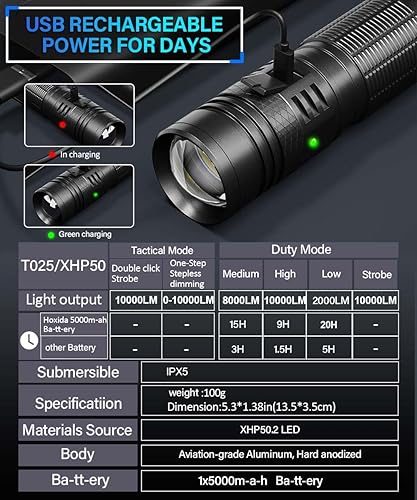 Miniatura 3 de Hoxida Linterna pequeña recargable de 10000 lúmenes altos, XHP50 Super brillante LED linterna táctica con 5000 mAh Ba-tt-ery, zoomable, impermeable,