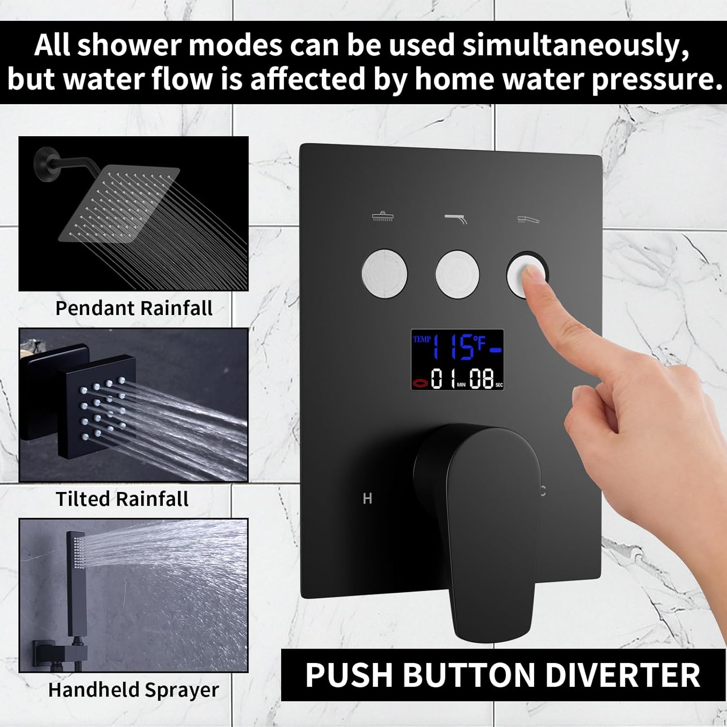 Bathroom Rainfall Shower System Wall Mount 8 Inch Shower Head With Handled Spray 6 Pcs jets Temperature Display Shower Faucet Set (Matte Black)