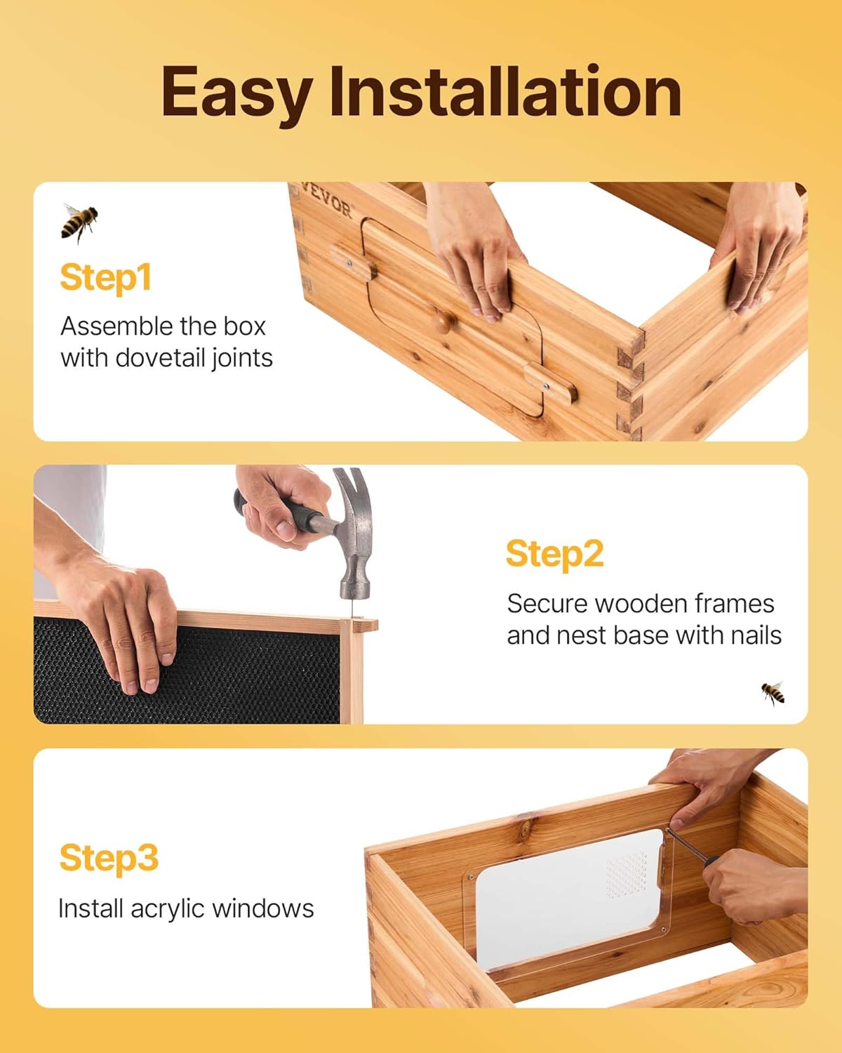 VEVOR 10 Frame Bee Hive, Beeswax Coated Fir Wood, Bee Hives Starter Kit, Bee Boxes Langstroth Beehive Kit, Transparent Acrylic Windows with Foundations for Beginners Pro Beekeepers