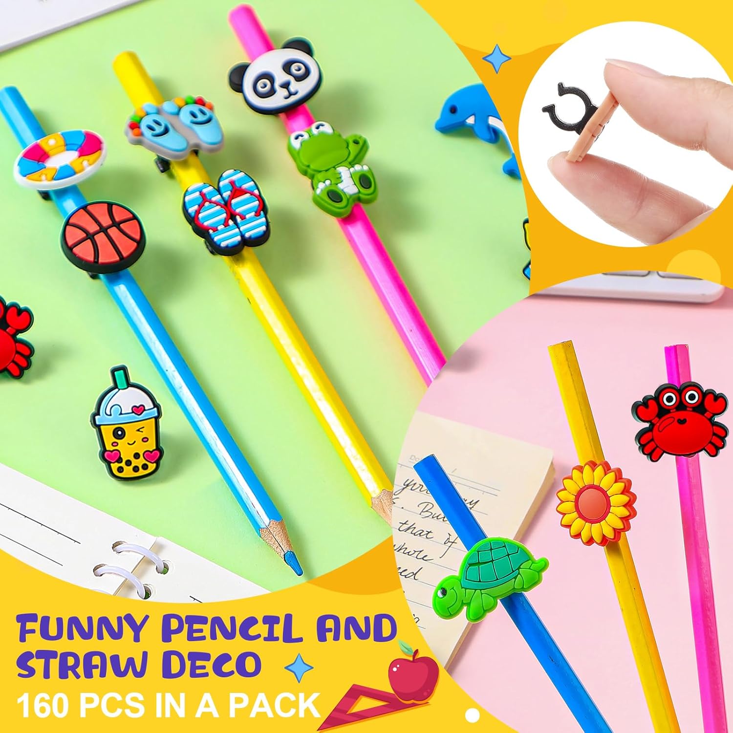 Seajan 160 Pcs Pencil Topper Decorations Bulk 160 Different Pencil Clips Decoration PVC Pencil Toppers Accessories for Pupil Junior Students Gift Award Straw Toppers for Tumbler Glass Straw Decoration