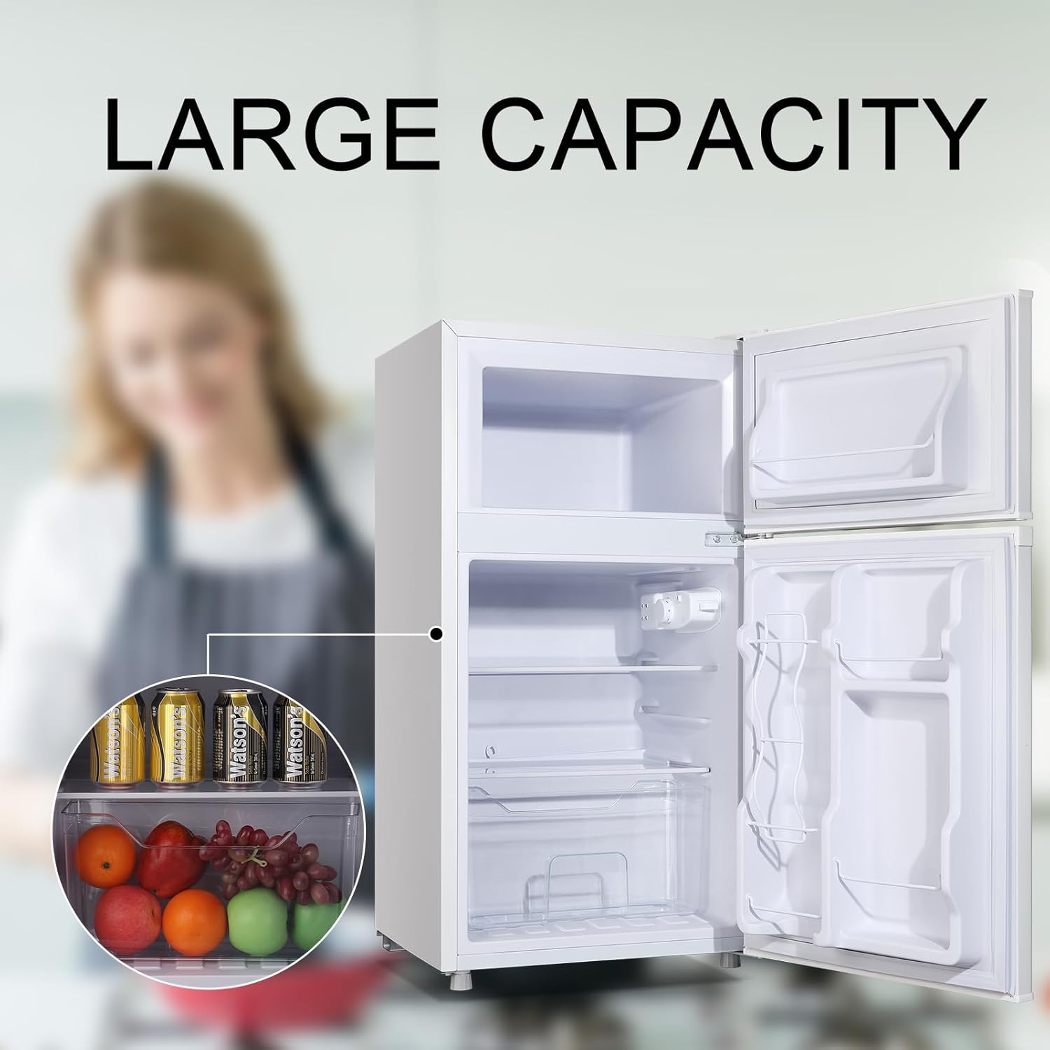 WANAI Small Refrigerator 3.5 Cu.Ft Dual Door Fridge With Freezer Mini Refrigerator with 7 TEMP Modes, Removable Shelves, LED Lights, Ideal for Bedroom Apartment Dorm and Office, Cream