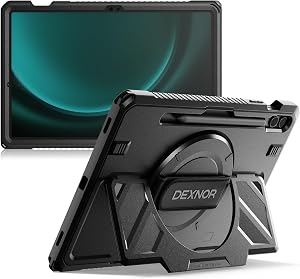 Dexnor Case for Samsung Galaxy Tab S9 FE+ Plus 2023 12.4 inch, Rugged Protective Case with 360° Rotating Hand Strap & Stand & Screen Protector & S Pen Holder Shockproof Full-Body Bumper Cover, Black
