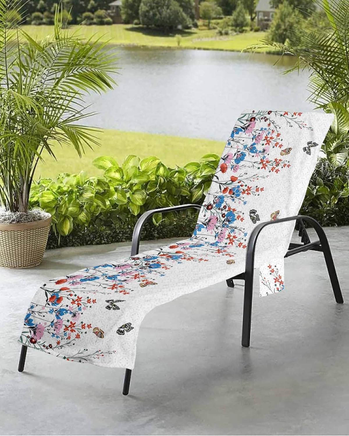 Spring Florals Beach Pool Patio Lounge Chaise Chair Cover Towel With Pockets,Absorbent & Quick Dry Microfiber Towel Cover Bag Summer Accessories for Sunbathing Luxury European Butter-fly Retro Flower