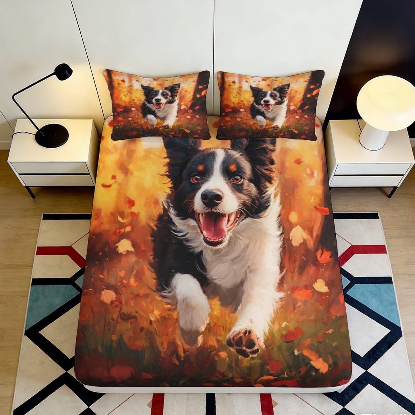 3D Printed Border Collie Autumn Fitted Sheet Microfiber Soft Non-Slip Dog Running Mattress Cover for Bedroom Guest Room 120x200x25cm