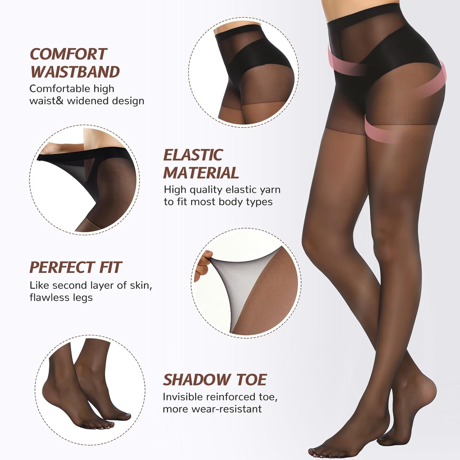MANZI 6 Pairs Women's 20D Sheer Silky Pantyhose Run Resistant Nylon Tights High Waist Stockings with Control Top - Image 3