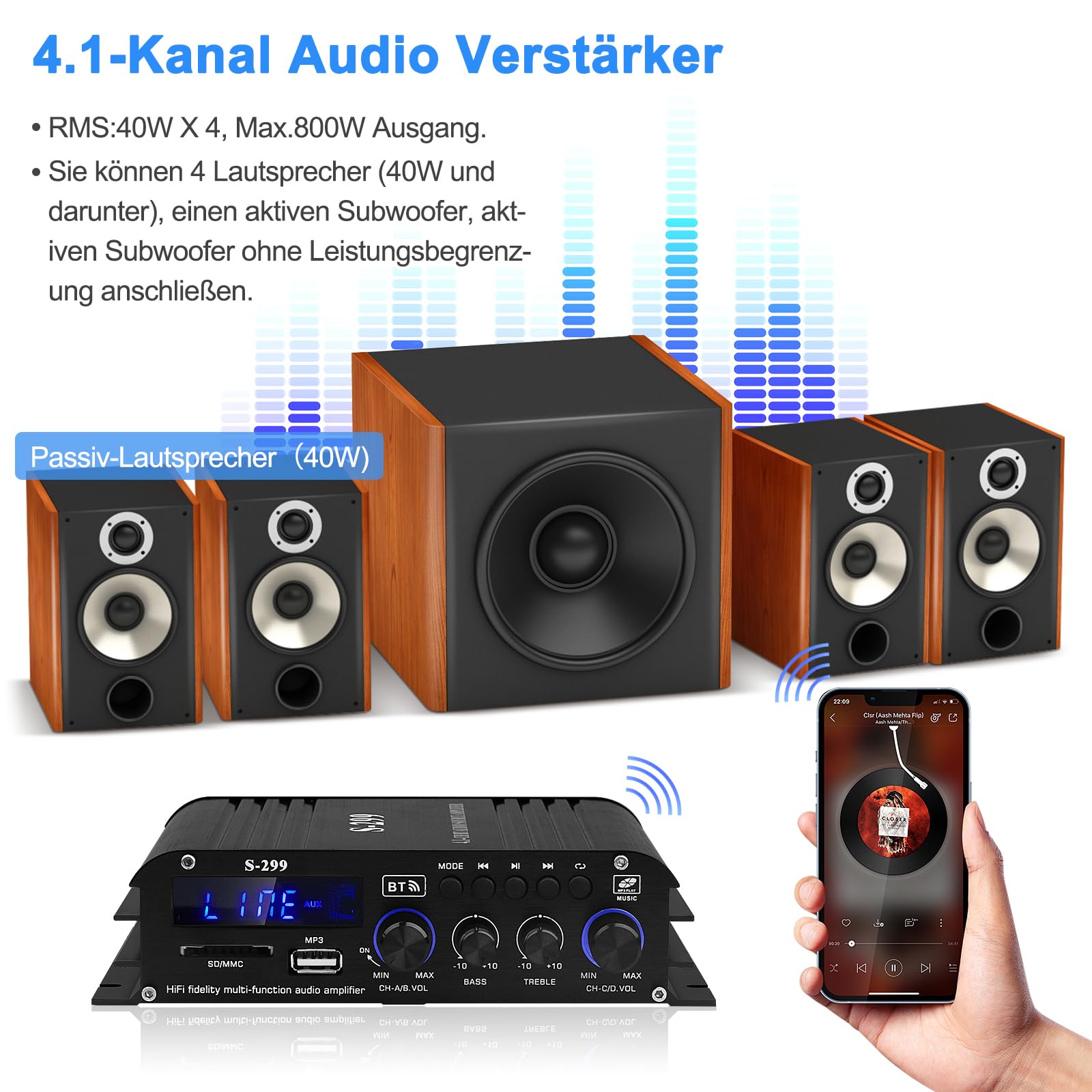 Wzmacniacz HiFi z Bluetooth, S-299 4.1-kanałowy RMS 40 W x 4 + 50 W maks. 800 W Bluetooth 5.0 mini wzmacniacz audio, subwoofer z gniazdem USB SD, AUX, radio FM DC 12 V/5 A do głośników domowych