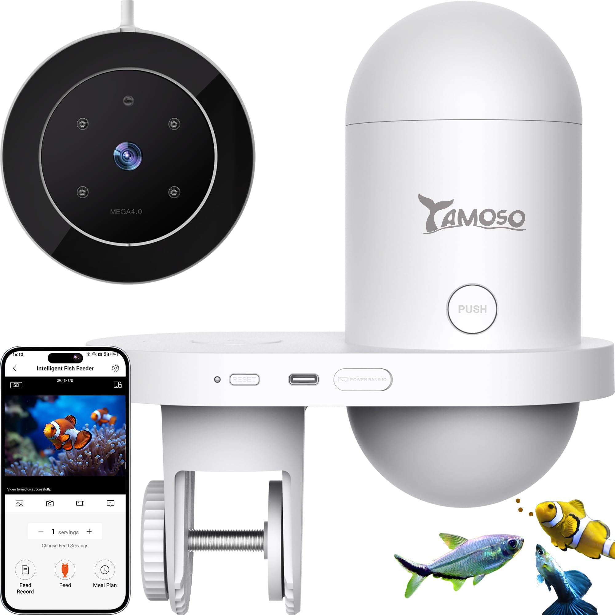 Mangiatoia Automatica WiFi Smart, Camera 2.5K, App 2.4/5G, Dosaggio 0,2g Cura Vacanze, Serbatoio 230ML Anti-Appannamento, Timer, Notifiche, Acquario Marino, Acqua Dolce e Tartarughe