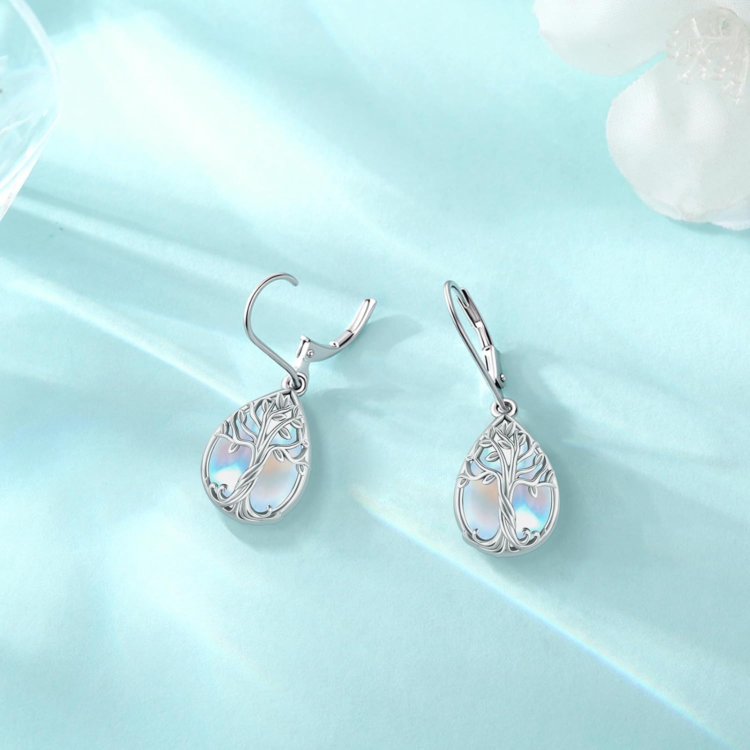 Eusense Sterling Silver Dangle Earrings for Women Tree of Life Animals Moonstone Turquoise Leverback Earrings Jewelry Gifts - Image 3