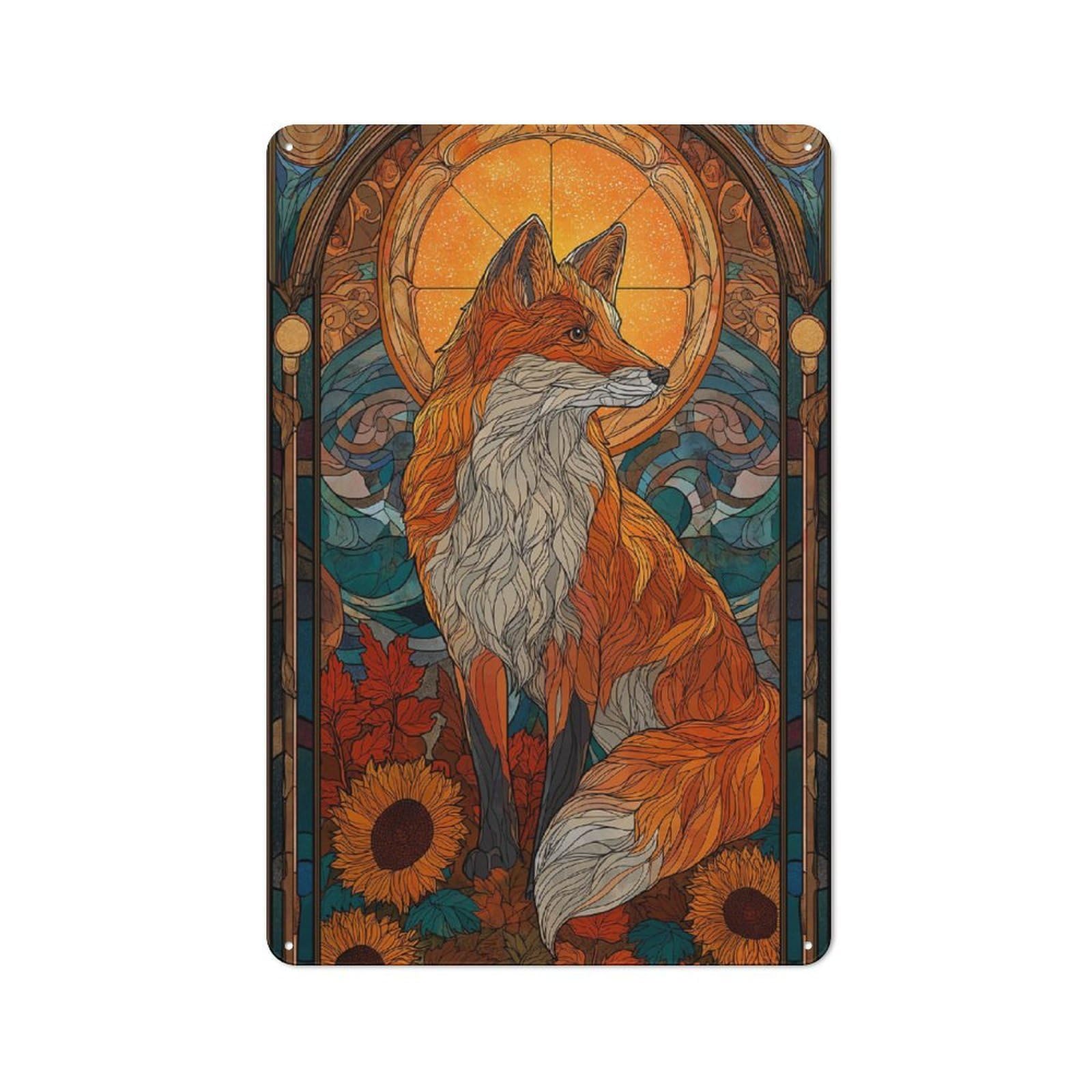 Junmoney Style-11 Fox Stained Glass Art Nouveau Printed Metal Sign 30X20cm For Lounge Or Reading Corner, A Winter Wall Decor Update For Reading Corner Decorators