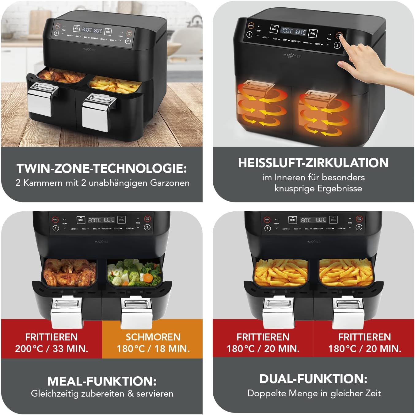 MAXXMEE Friggitrice ad aria calda doppio cestello, 7,6 litri, doppia friggitrice ad aria calda digitale con due camere, 2 x 3,8 litri, cottura simultanea di 2 diversi pasti | 6 programmi [2400 Watt]