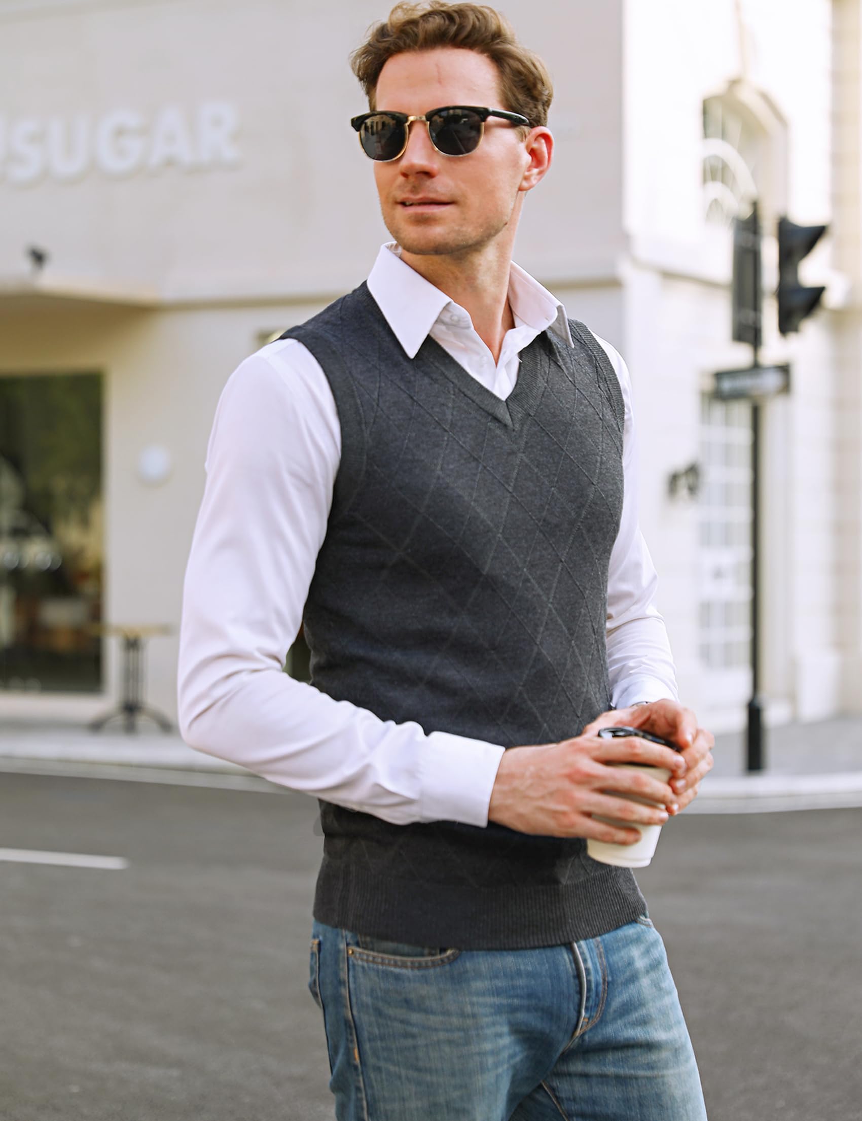 Sykooria Gilet Maglione da Uomo con Scollo V Maglioncino Smanicato Senza Maniche Pullover Gilet Cotone in Maglia Invernale Maglioni e Cardigan da Uomo Casual