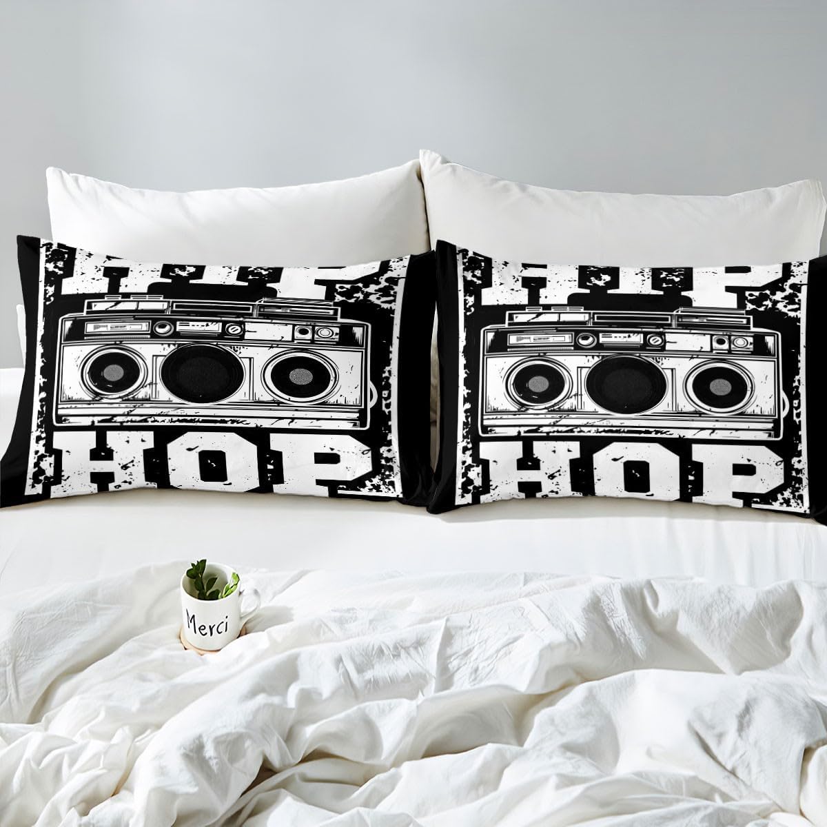 Hip Hop Style Bedding Set Teens Street Culture Comforter Cover for Kids Boys Music Themed Duvet Cover Youth Black White Graffiti Pattern Bedspread Cover Room Decor 3Pcs With 2 Pillow Case King Size