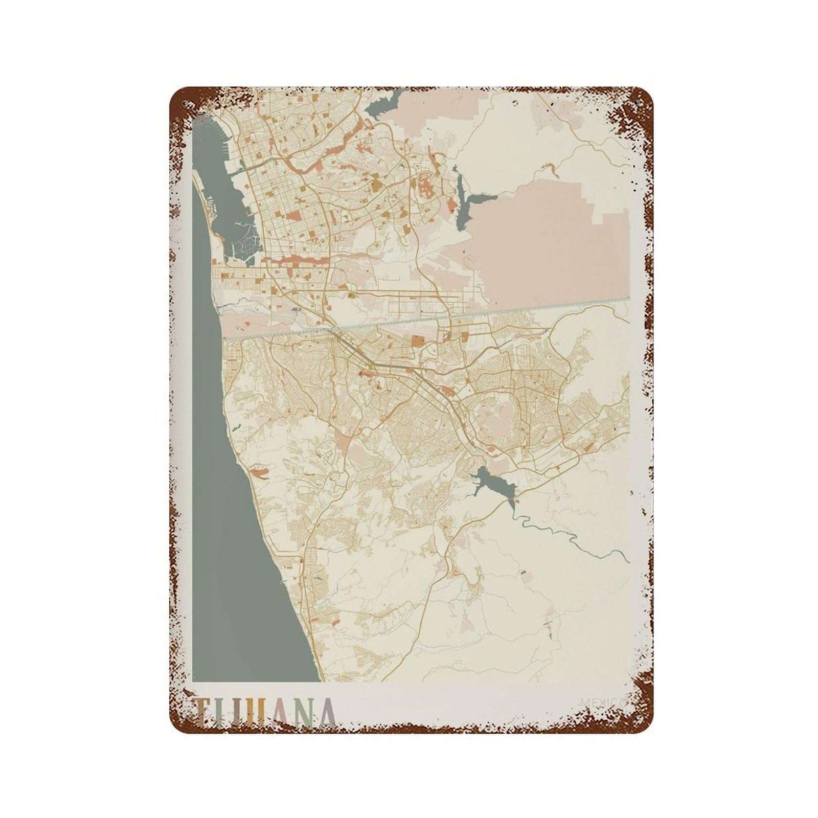 xiaoxiaoshen Tijuana Map Mexico Travel Gift Boho Wall Decor Art Metal Tin Poster Modern Home Decor Art Home Bar Shop Decorations Vintage Sign 40x30cm