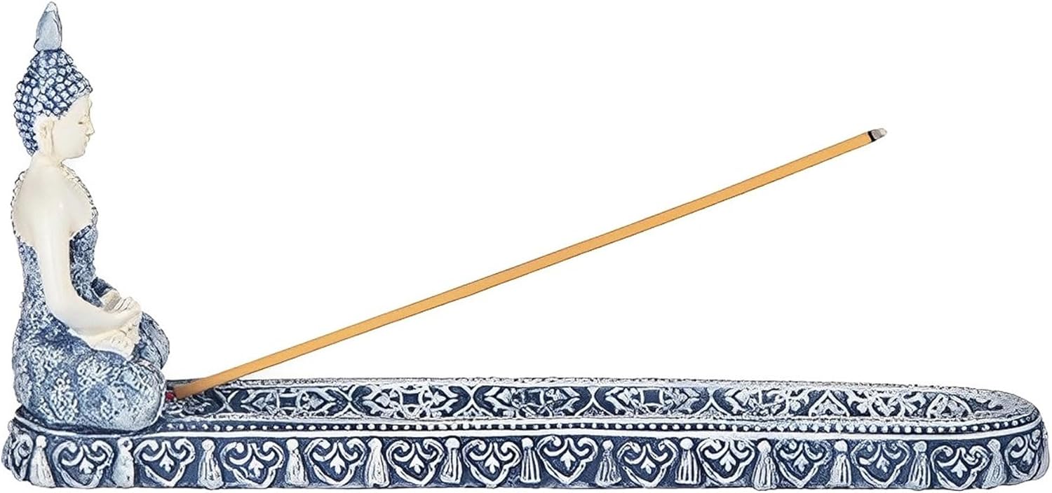 ICE ARMOR 10.25" W Gautama Buddha Dhyana Mudra Incense Burner Incense Sticks Holder in Blue and White Finish Statue Sculpture Ornament Decoration Home/Room Decor Ideas