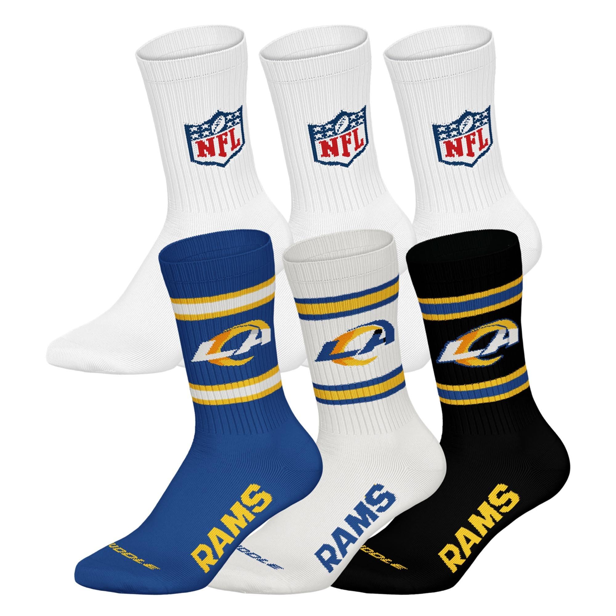 NFL Unisex Team Crew Socks, LA Rams, White, 39-42, Pack of 6