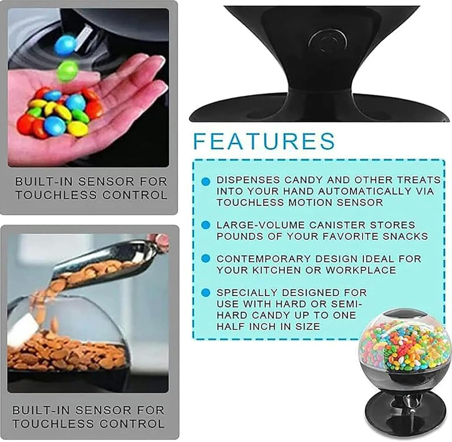 Automatic Candy Dispenser, Touch Activated Sweets Dispenser Machine, Can Hold 1000ml Capacity, Food Grade ABS, PC Material, for Gumballs and Nuts or Snacks, Kids Lovely Gift