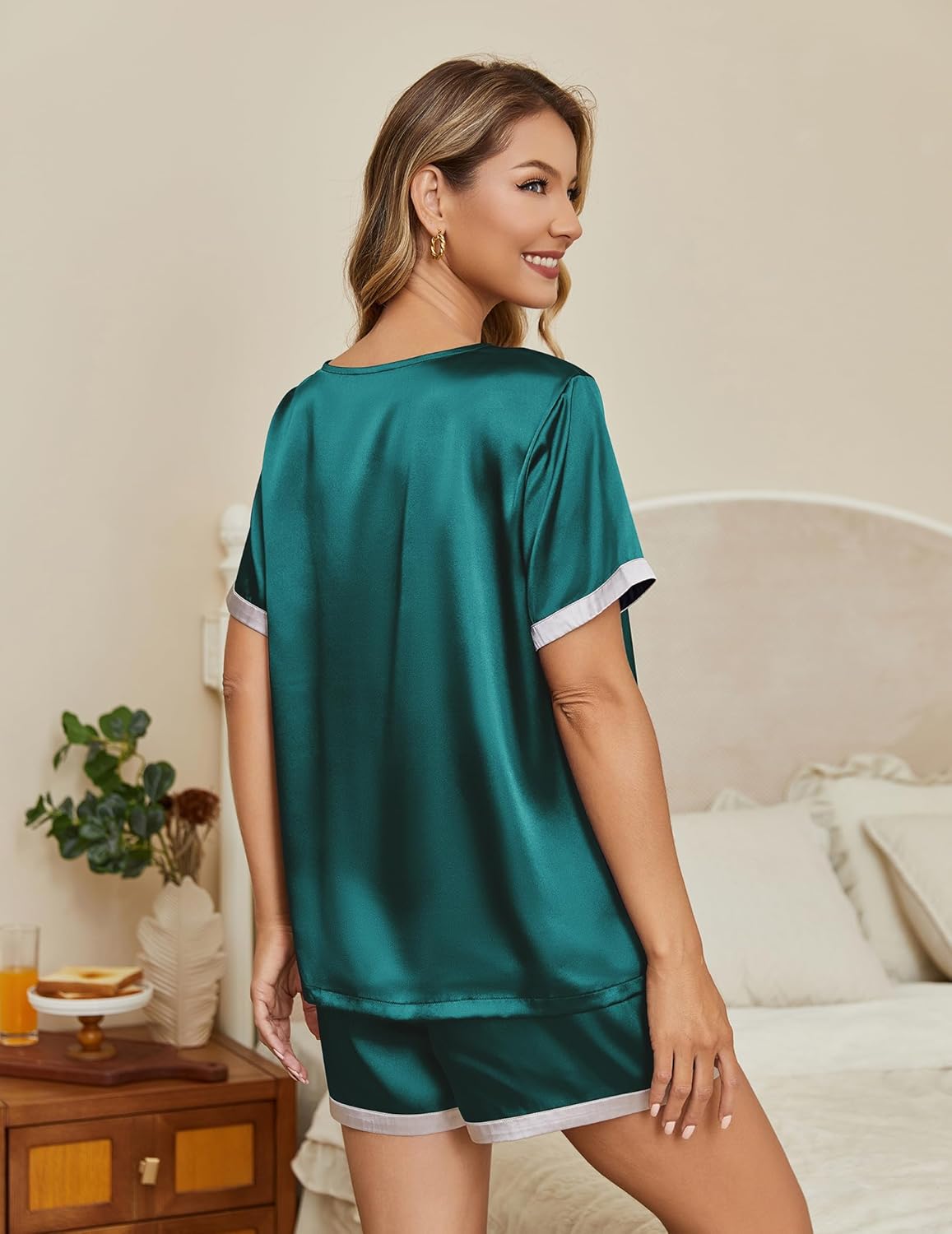 Ekouaer Silk Pajamas for Women Short Sleeve Satin Sleepwear Soft 2 Piece Pjs Shorts Set Loungewear,S-XX - Image 2