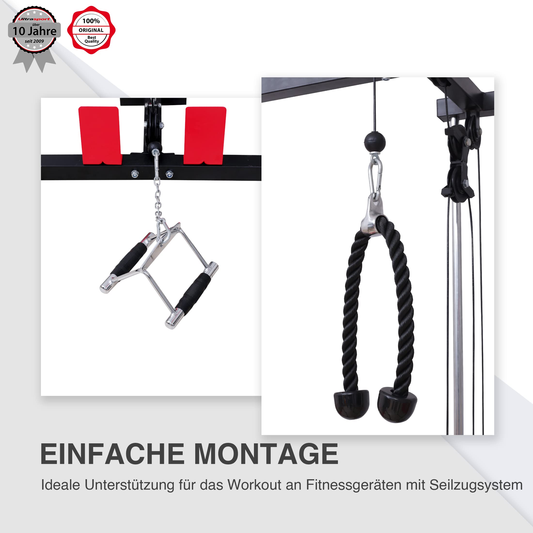 Ultrasport Griffe-Set, bestehend aus Rudergriff und Trizeps-Seil, Ergänzung zu Power Rack mit Seilzugsystem, um deren Workout-Varianten zu erweitern, mit rutschfesten Griffen, Schwarz/Silber