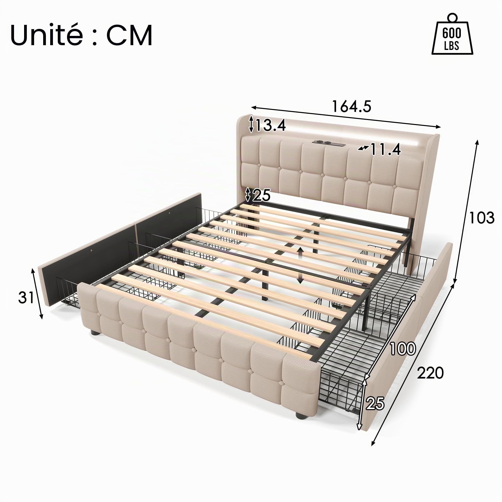 GeRRiT Lit 2 Personnes 160 x 200 cm Avec Éclairage LED, Tête de Lit Avec Chargement USB, 4 Tiroirs, Sommier à Lattes en Bois (Matelas Non Inclus) (Beige)