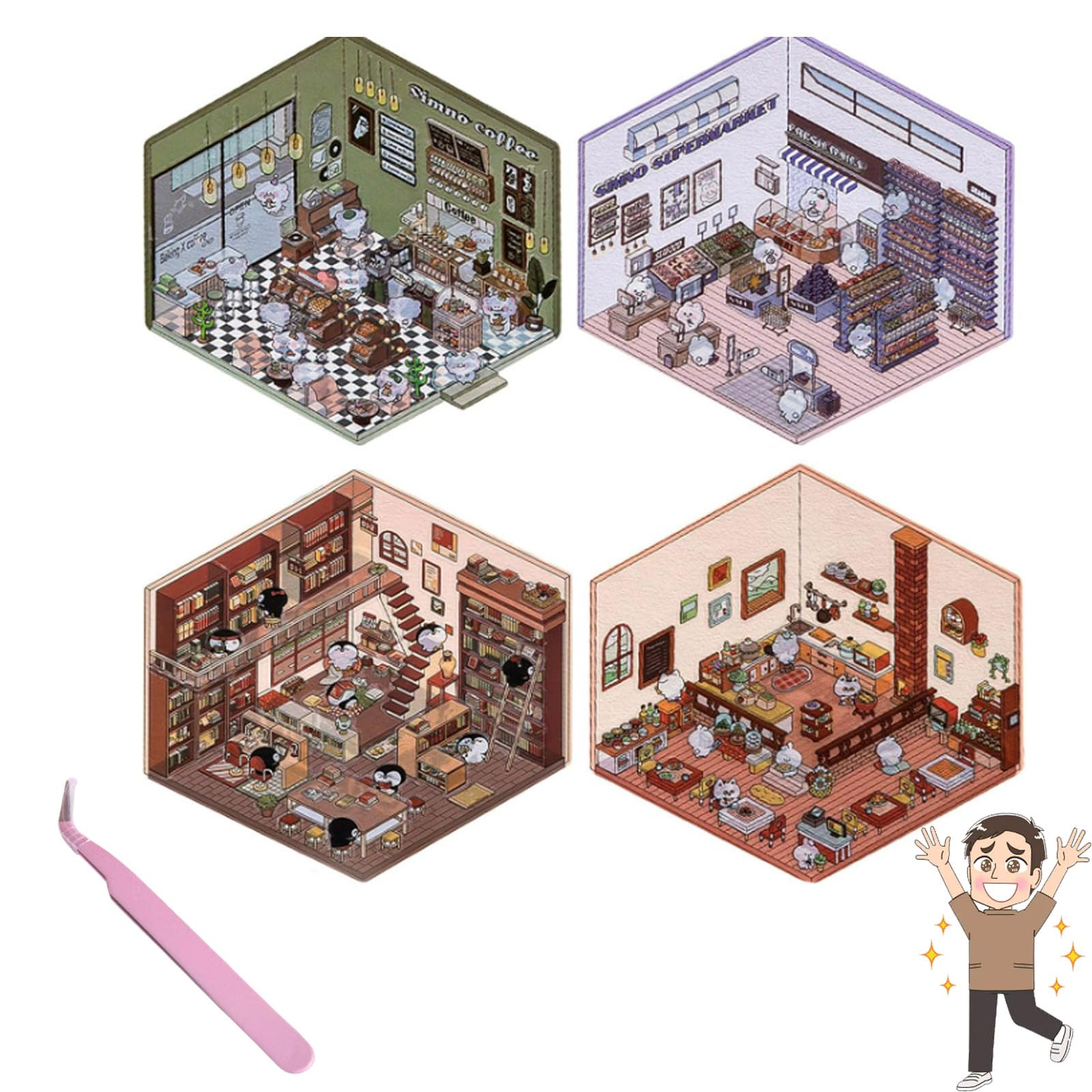 DIY 3D House Stickers, 4sets 3D House Stickers DIY, Fun DIY Stickers Scene, 3D Miniature Scene Stickers, Cute Korean Cartoon Sticker Scenes for Adults (A)