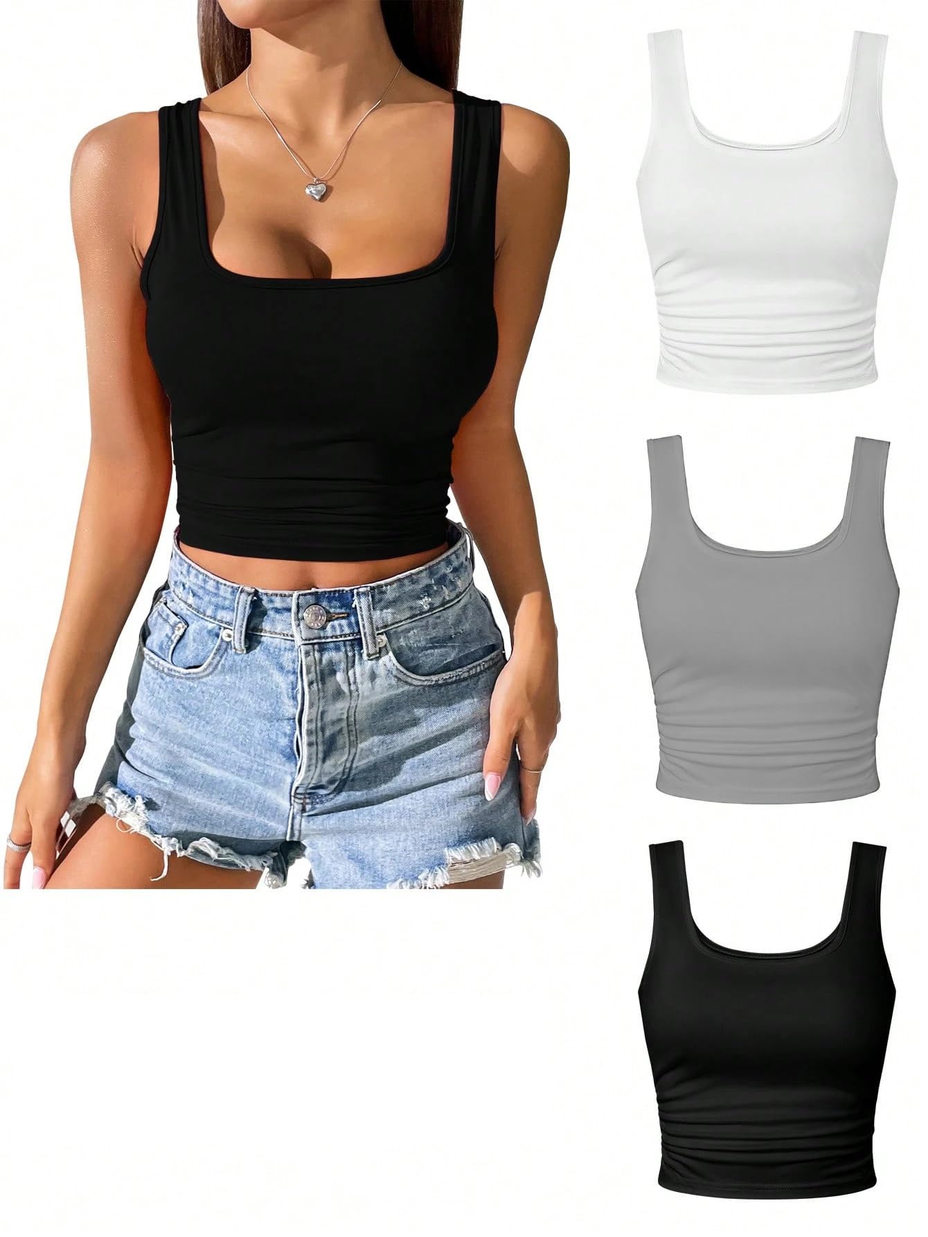 keri perry Tops for Women Crop Top for Women's Tank Activewear Tee Sports Casual Square Neck Cotton Camisole Pack of 3-picture-25