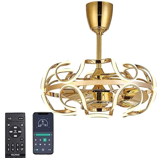 oltao Skyler Gold Curved LED Chandelier with 26 Inch Fan BLDC Motor, Dimmable 3 Colour LED Light, Reverse Air Flow for Summer Winter Mode, 3 ABS Blades, Remote and App Control