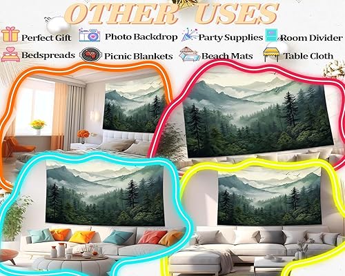 Miniatura 6 de QGHOT Tapiz de bosque brumoso, árbol natural, tapiz para colgar en la pared, tapiz de pared grande con niebla para dormitorio, sala de estar,