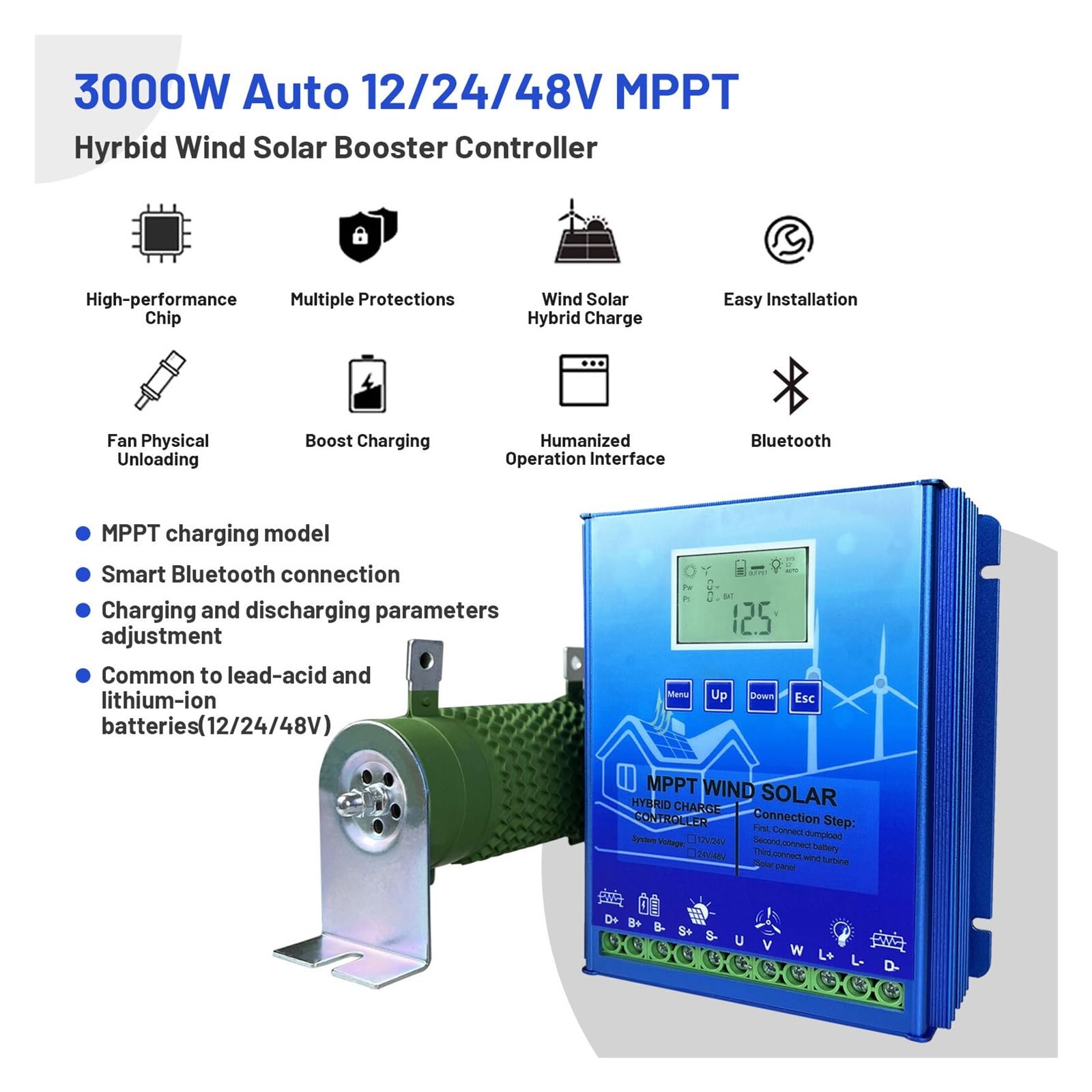 Hybrydowy Regulator Ładowania Słonecznego MPPT 12V 24V 48V PV Turbina Wiatrowa WIFI Do Akumulatora Litowo-ołowiowego Lifepo4(With out,Auto 24V48V,1KW)