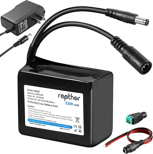 rapthor Rechargeable 12V 5200mAh Lithium ion Battery Pack with 12.6V 2A Fast Charger and DC5521 Port for 12V Devices, DIY Project, Router, Radio, LED Light Strip, CCTV Camera, Telescope etc