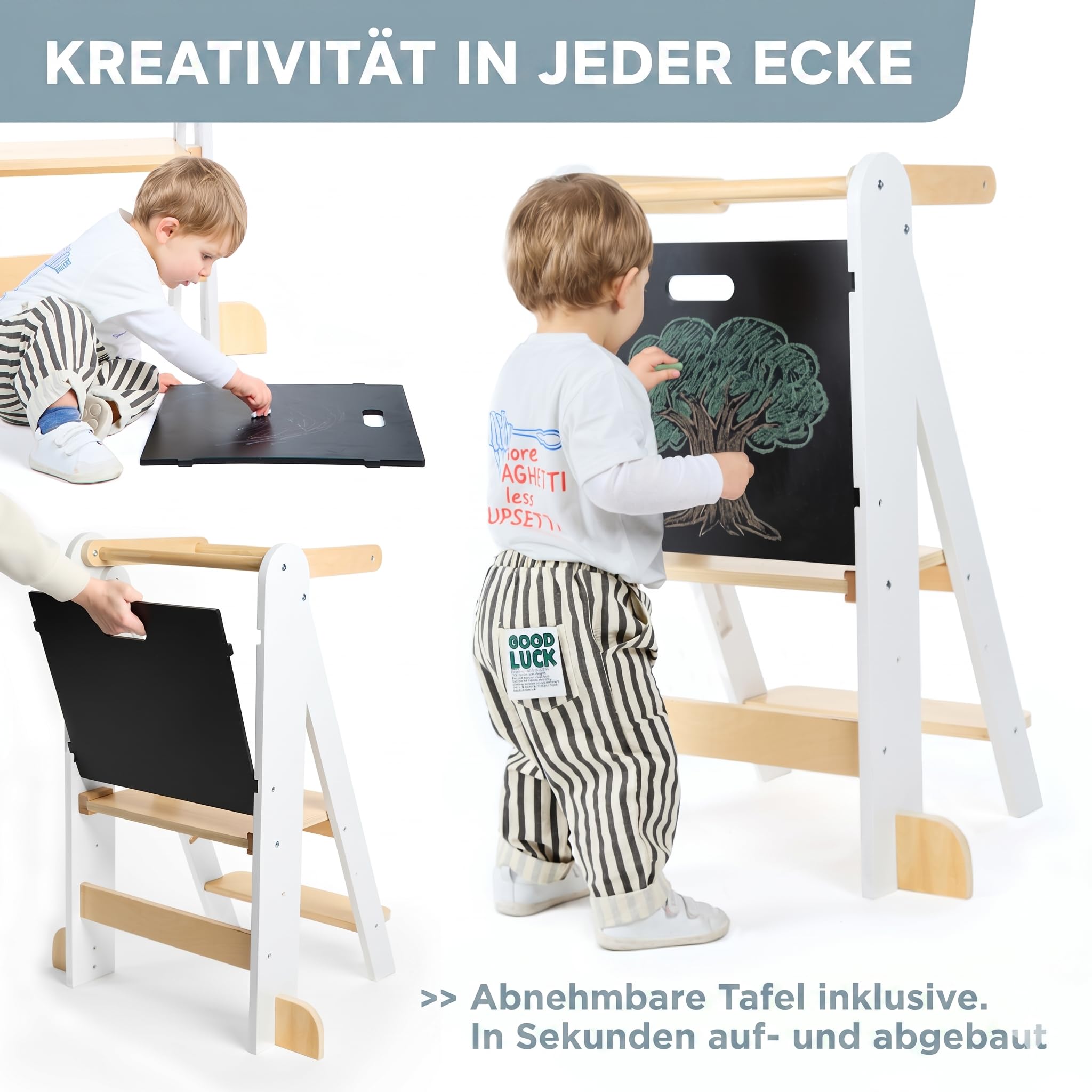 Lernturm ab 1 Jahr Klappbar, Lernturm Klappbar mit 2 Höhen, Abnehmbarer Tafel, nordisches Design, Kippschutz – FSC-Holz – Marke mit Engagement für globale Wiederaufforstung