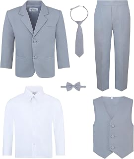 Boy's 6-Piece Suit Set - Includes Suit Jacket, Dress Pants, Matching Vest, White Dress Shirt, Neck Tie & Bow Tie