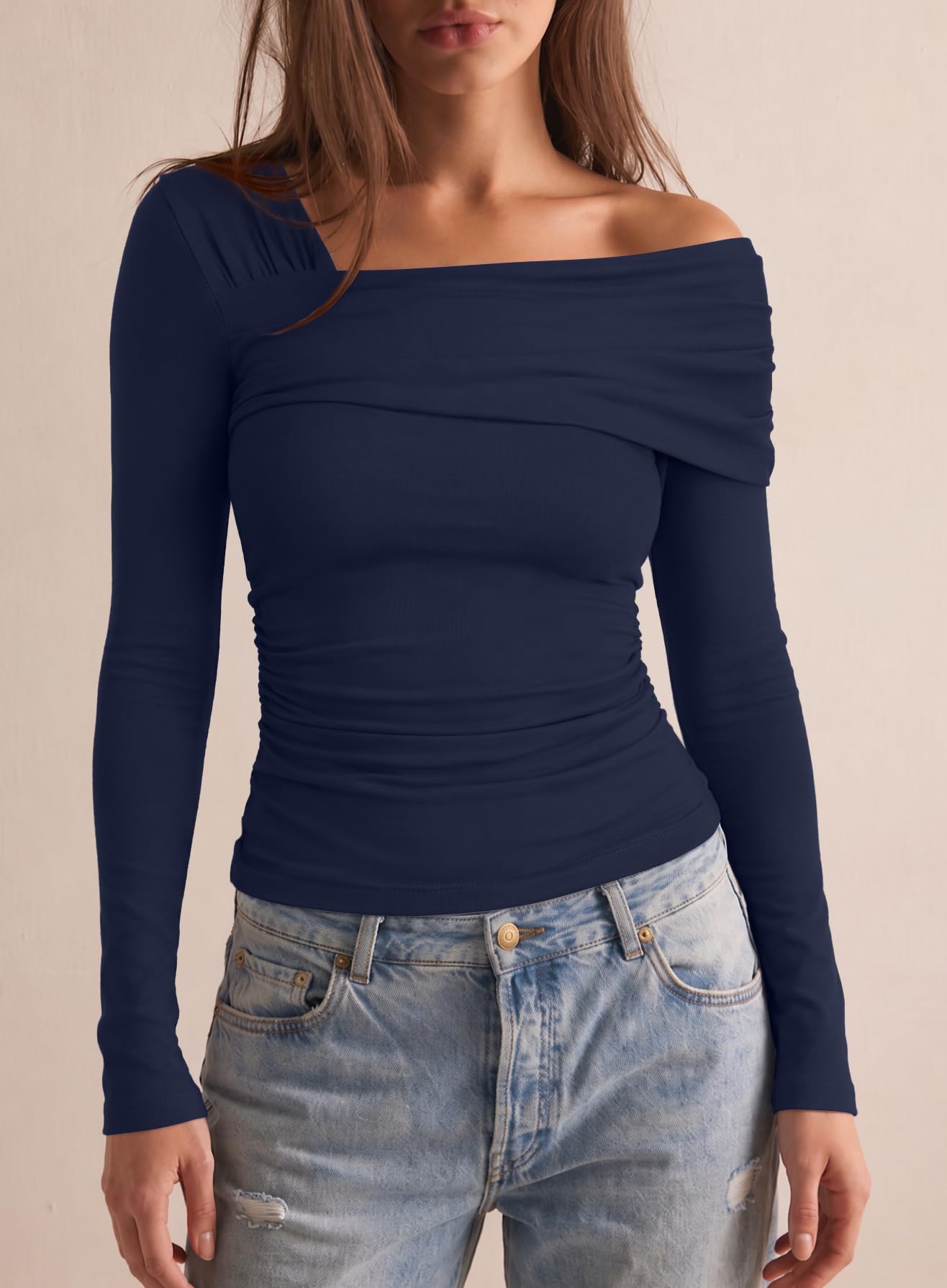 Darong Blusa corta de manga larga con un hombro descubierto para mujer, fruncida, para salir, entallada, Y2K