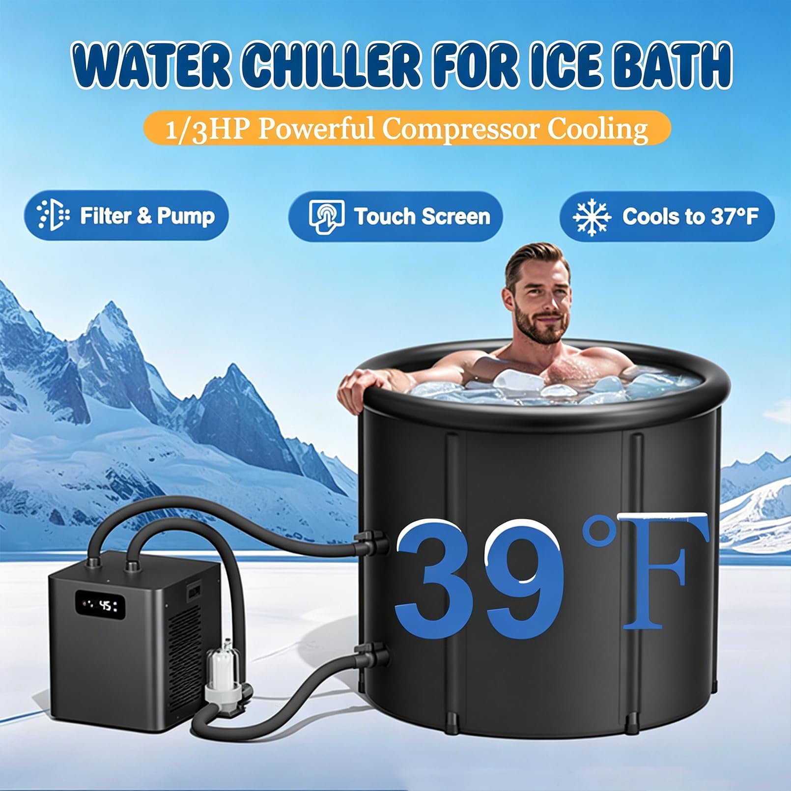 Bañera De Inmersión En Frío con Enfriador De Agua, Kit De Enfriador De Baño De Hielo De 1/3 HP con Bomba Y Filtro, Cubo De Hielo Aislado De 148 GAL para Terapia De Agua Fría, Recuperación De Atletas