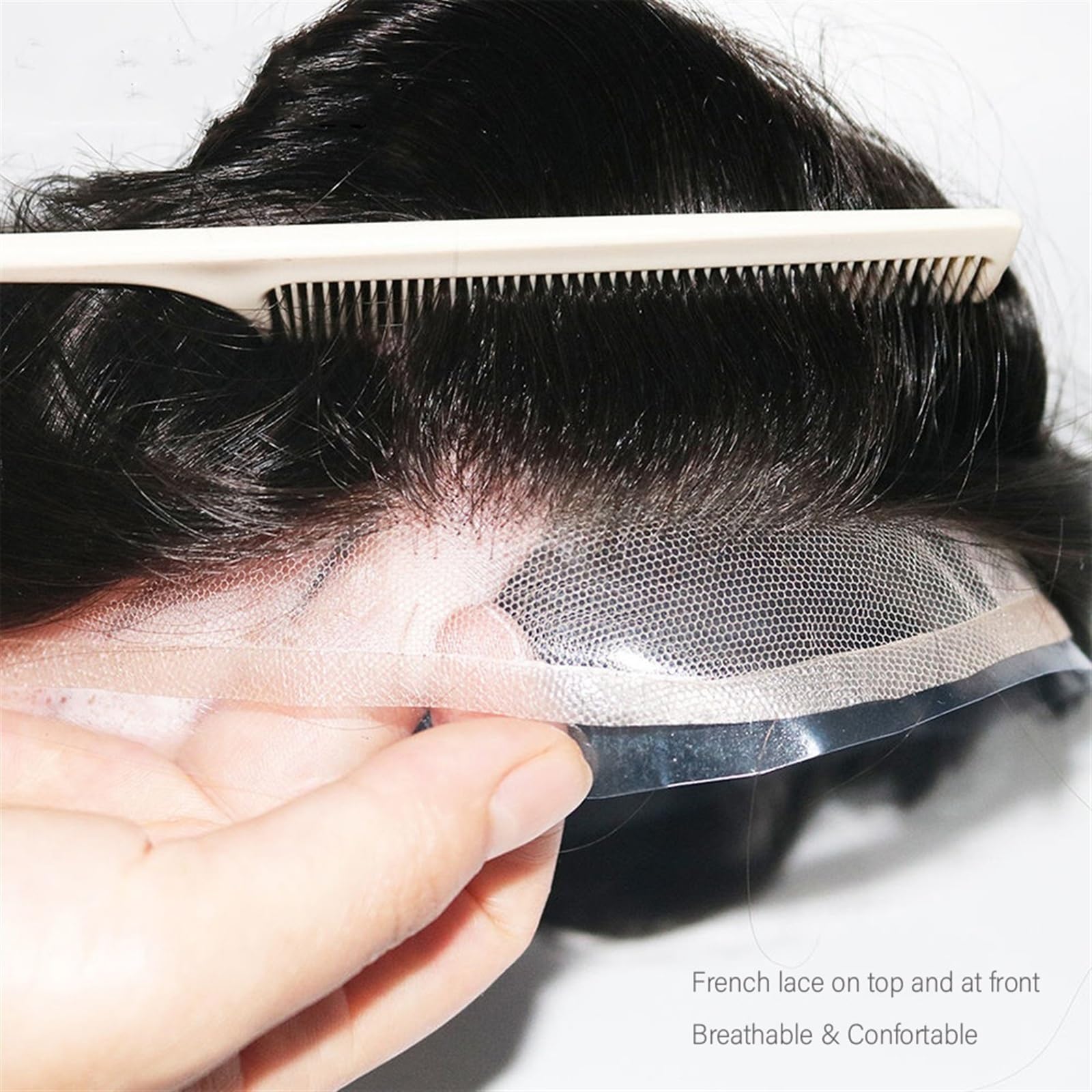 Peluca de Pelo Tupé for hombres Prótesis de cabello humano Frontal y parte superior de encaje francés con perímetro de piel fina de PU Hombres Tupé Unidad de sistema de reemplazo de cabello indio natu