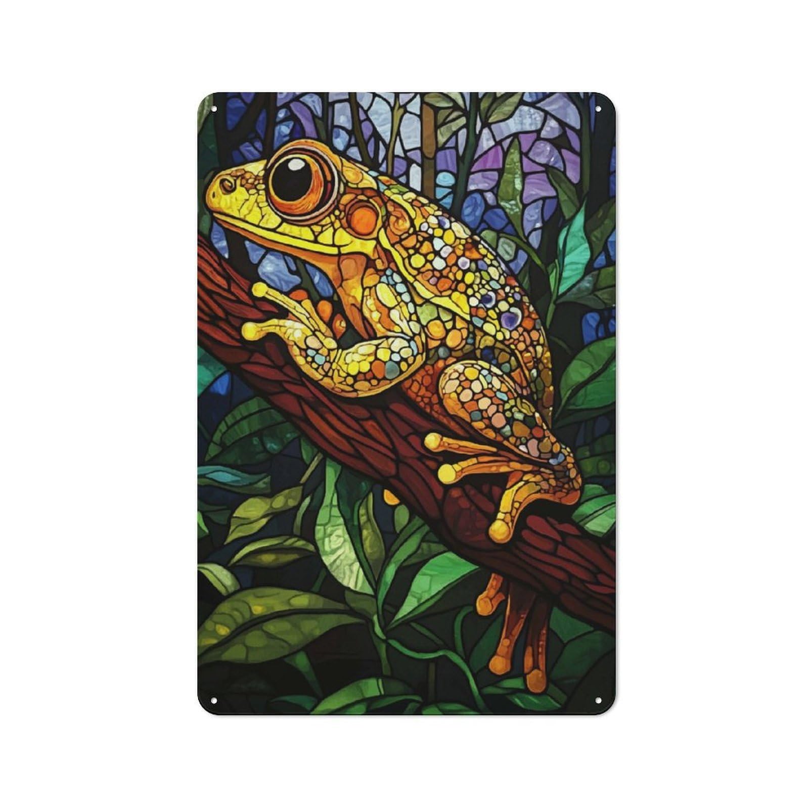 Junmoney Stained Glass Frog Tin Wall Plaque 30X20cm With For Garage Or Workshop, For An Autumn Wall Display In Garage And Workshop