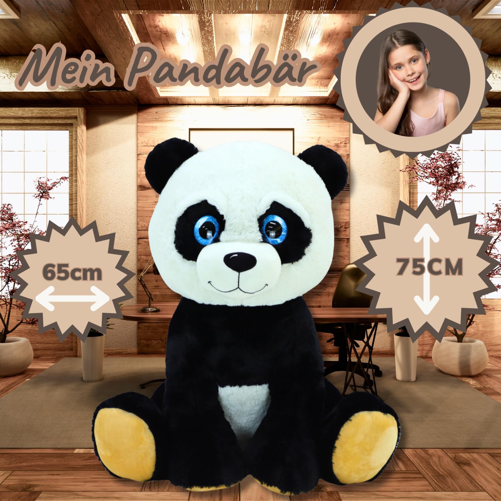 TE-Trend Panda di peluche XXL, 75 cm, con occhi blu scintillanti, qualità morbida, per abbracci amorevoli e come fedele compagno di via, ore felici