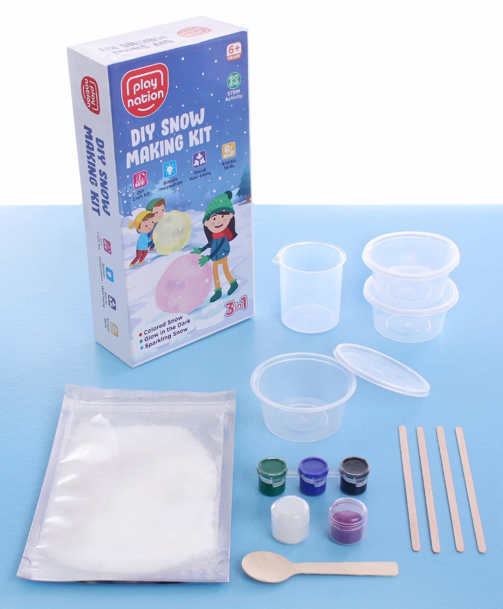 Play Nation Premium 3-in-1 DIY Snow Making Kit, Stem Learning Toy for Kids, Artificial Snow Powder, Instant Snow, Dry&Fluffy, Make Snowman, Safe, Theme Play&Party, BIS Certified, 6+ Years, Multicolor
