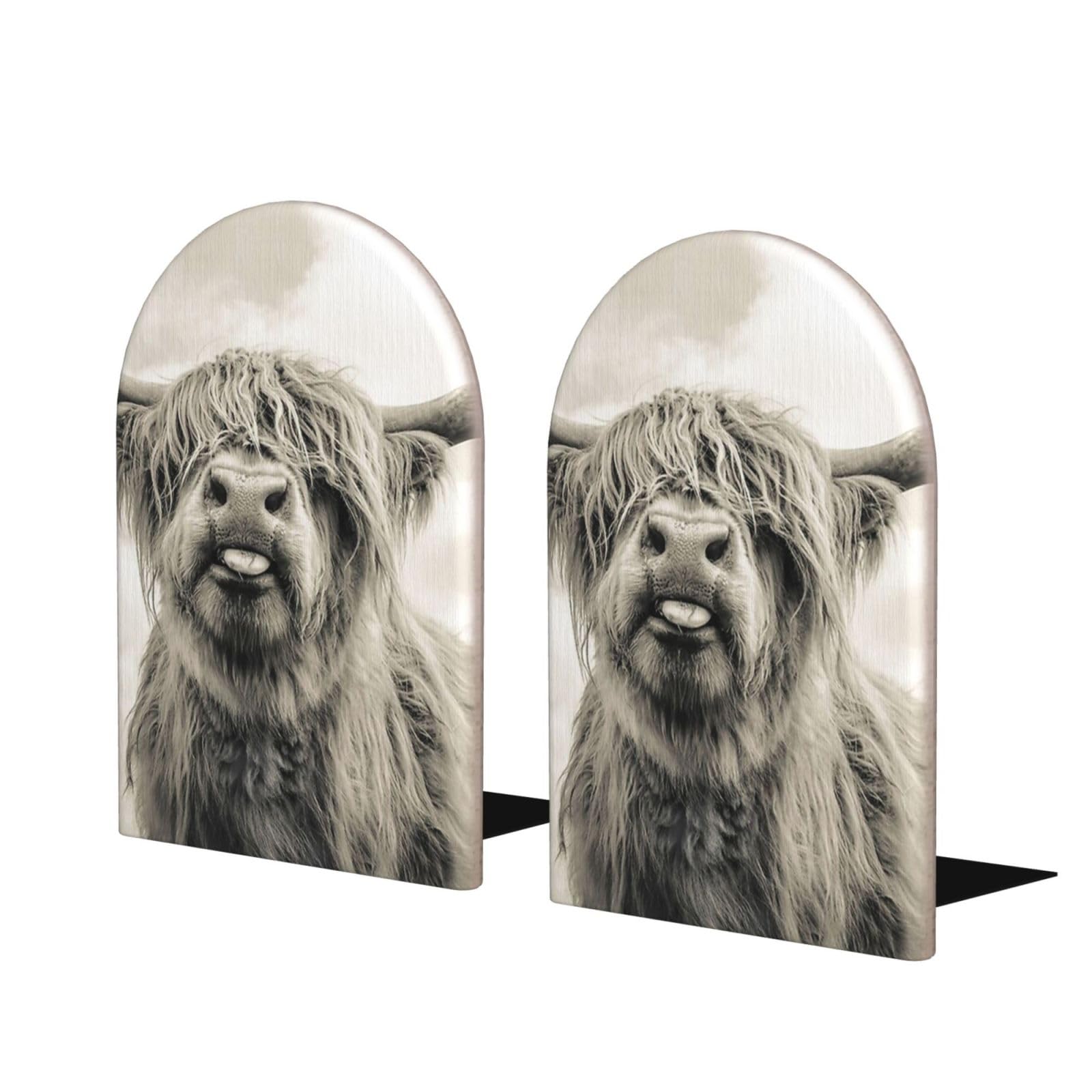 Inomak As Picture Funny Highland Cow, Set Of 2 Bookends Bookshelf Funny Wood Book Stopper Book Ends Book Holder And Stand