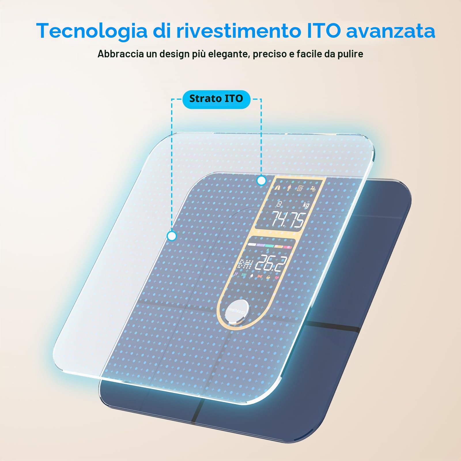 Healthkeep Personenwaage, angeschlossen, Bluetooth, mit 2 VA-Bildschirmen und ITO-Beschichtungstechnologie, 16 Körperdaten mit Herzfrequenz, App, für Android und iOS 180 kg/400 lb, goldfarben
