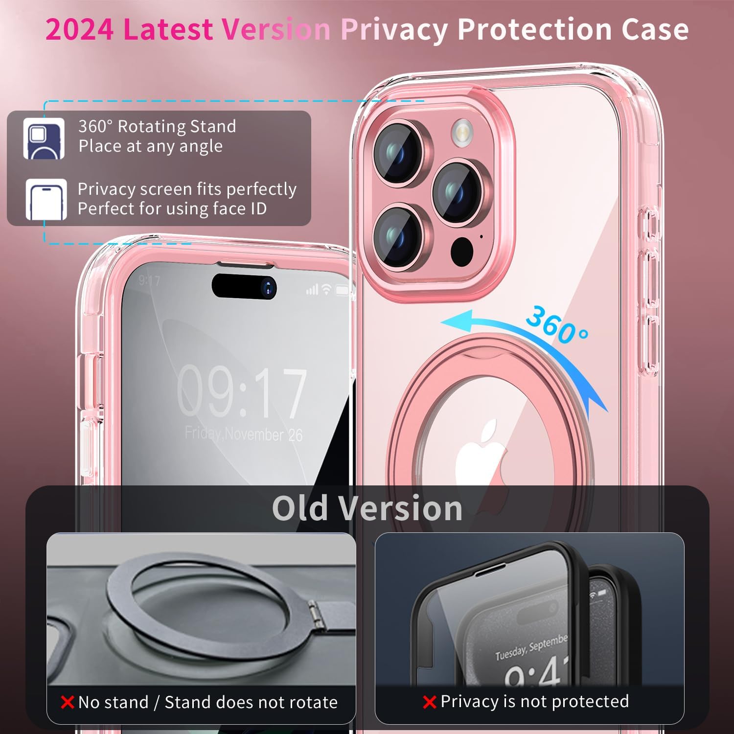 Privacy Case for iPhone 16 Pro with 360°Stand [Built-in Anti Peeping Screen Protector] [Compatible with MagSafe] [Magnetic Ring ] Full Body Protective Phone Cover 6.3", Pink - Image 6